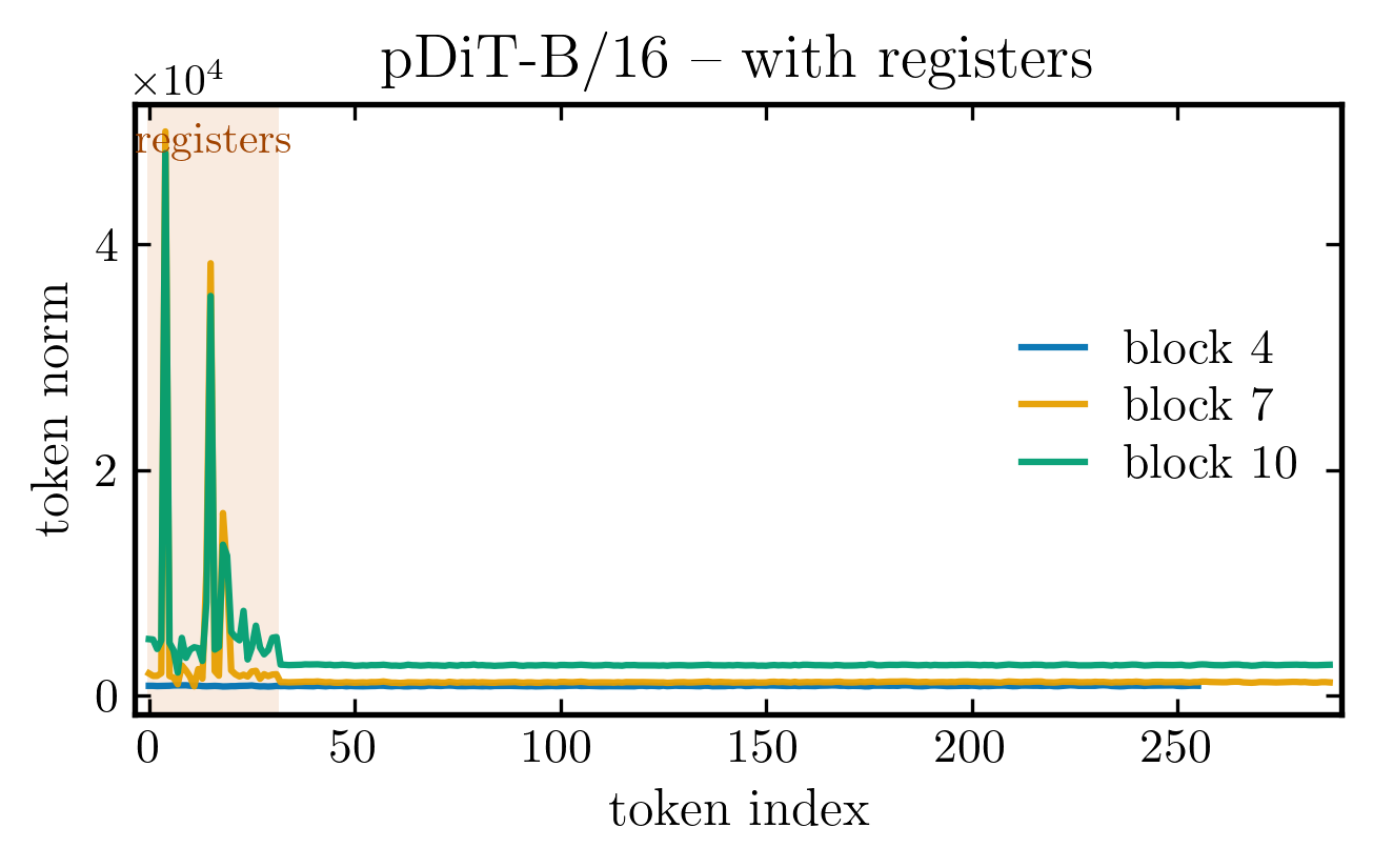 pDiT-B/16 token norms with registers